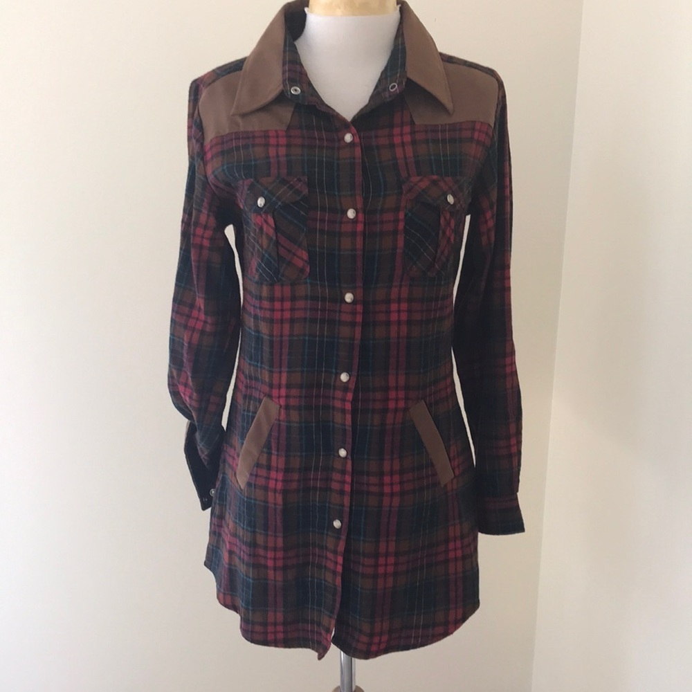 Tasha Pollizi small plaid tunic top with faux suede accents.